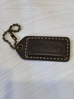 Coach Dark Brown Leather Tag Keychain with Brass Chain